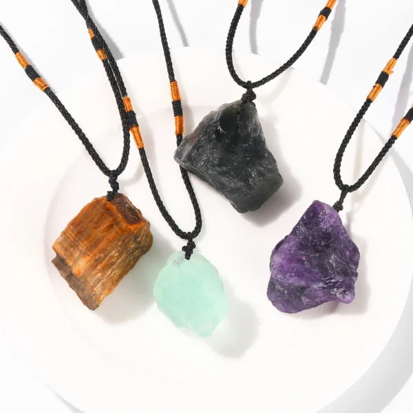 Colar Natural Pedra Bruta de Cura e Sorte - Cordão Ajustável Unissex